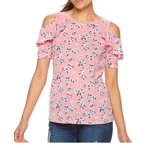 Juicy Couture Pink Floral Print Cold Shoulder Short Sleeve Ruffle Top, XXL